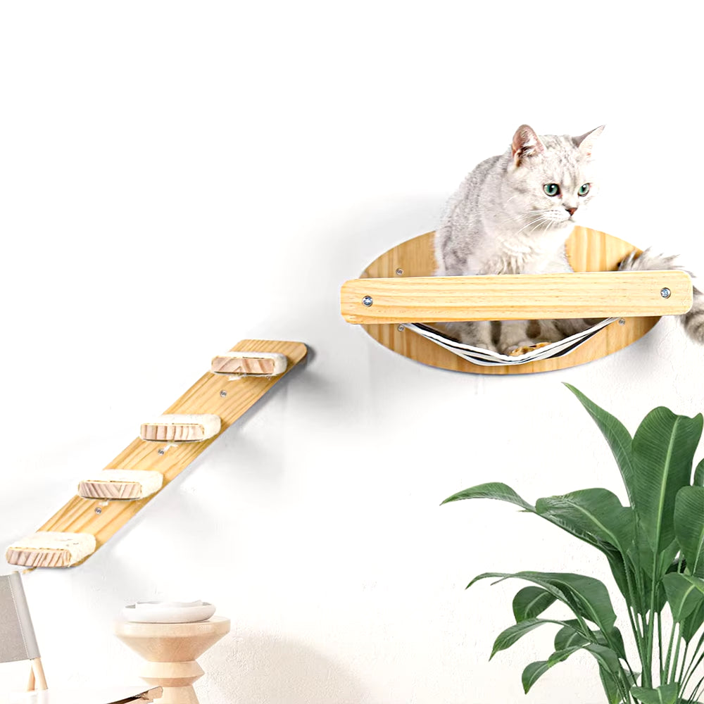 3Pcs Cat Hammock with Four Step Sisal Stairways or Scratching Posts Set Wall Mounted Wooden Cats Furniture Climbing Shelf Perch