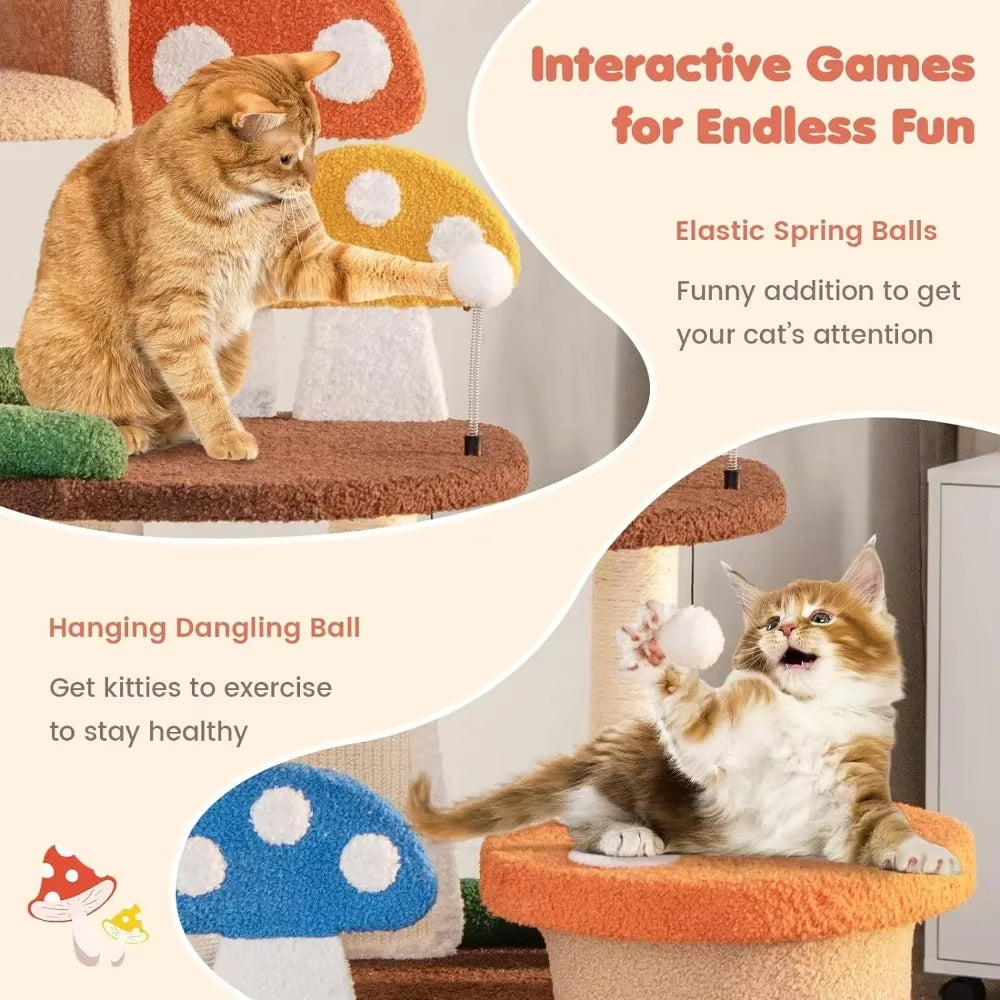 Mushroom Cat Tree with Full-Wrapped Sisal Posts, Scratching Boards & Interactive Balls,Multi Story Cute Cat Tower