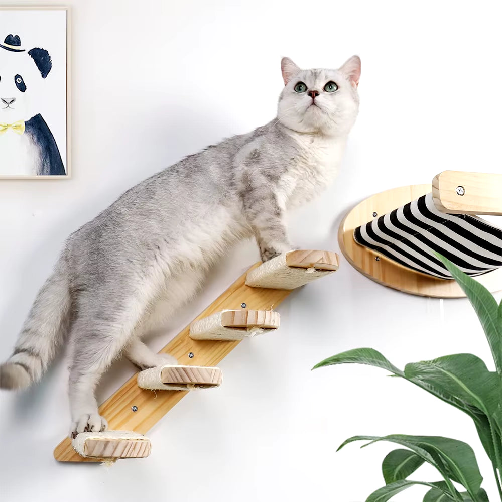3Pcs Cat Hammock with Four Step Sisal Stairways or Scratching Posts Set Wall Mounted Wooden Cats Furniture Climbing Shelf Perch