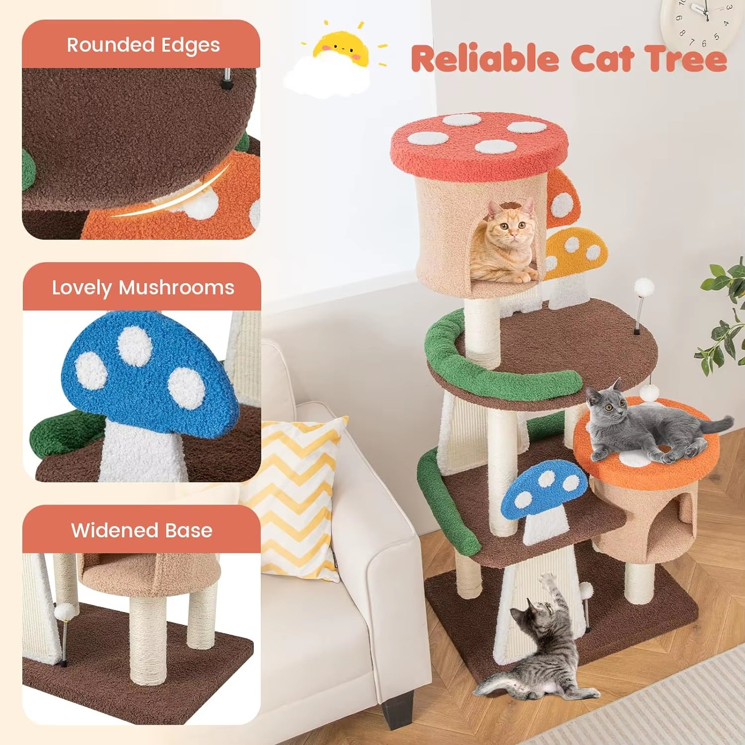 Mushroom Cat Tree with Full-Wrapped Sisal Posts, Scratching Boards & Interactive Balls,Multi Story Cute Cat Tower