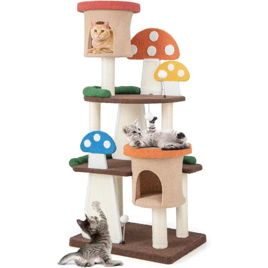 Mushroom Cat Tree with Full-Wrapped Sisal Posts, Scratching Boards & Interactive Balls,Multi Story Cute Cat Tower