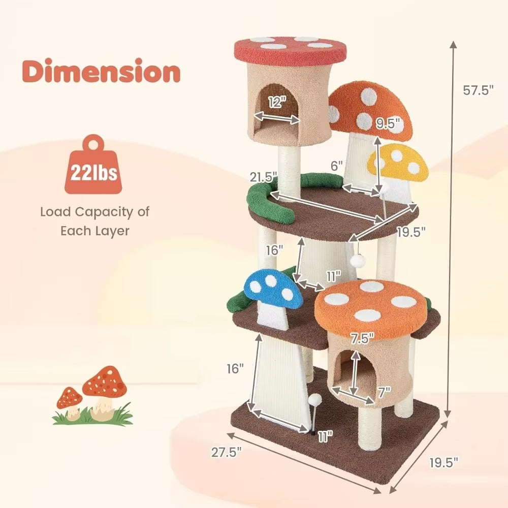 Mushroom Cat Tree with Full-Wrapped Sisal Posts, Scratching Boards & Interactive Balls,Multi Story Cute Cat Tower