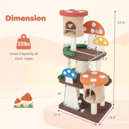 Mushroom Cat Tree with Full-Wrapped Sisal Posts, Scratching Boards & Interactive Balls,Multi Story Cute Cat Tower
