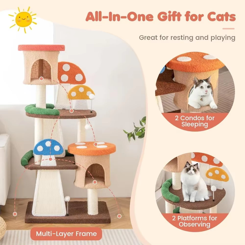 Mushroom Cat Tree with Full-Wrapped Sisal Posts, Scratching Boards & Interactive Balls,Multi Story Cute Cat Tower