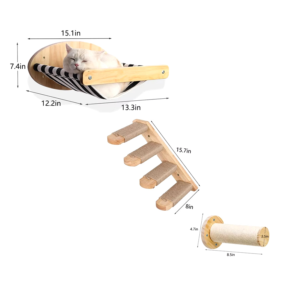 3Pcs Cat Hammock with Four Step Sisal Stairways or Scratching Posts Set Wall Mounted Wooden Cats Furniture Climbing Shelf Perch
